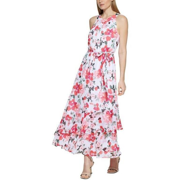 NWT Calvin Klein $134.00 MSRP Maxi Dress Size 14 Red Poppys Ruffle Hem High Neck